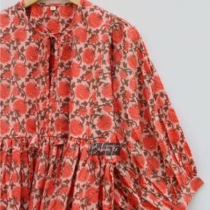 BabitaTex Indian Block Print Midi Dress Orange Floral NWOT